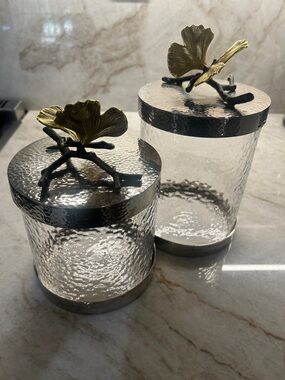 Michael Aram Ginkgo Glass Canister with Metallic Lid - Brass Accent 2 Piece Set